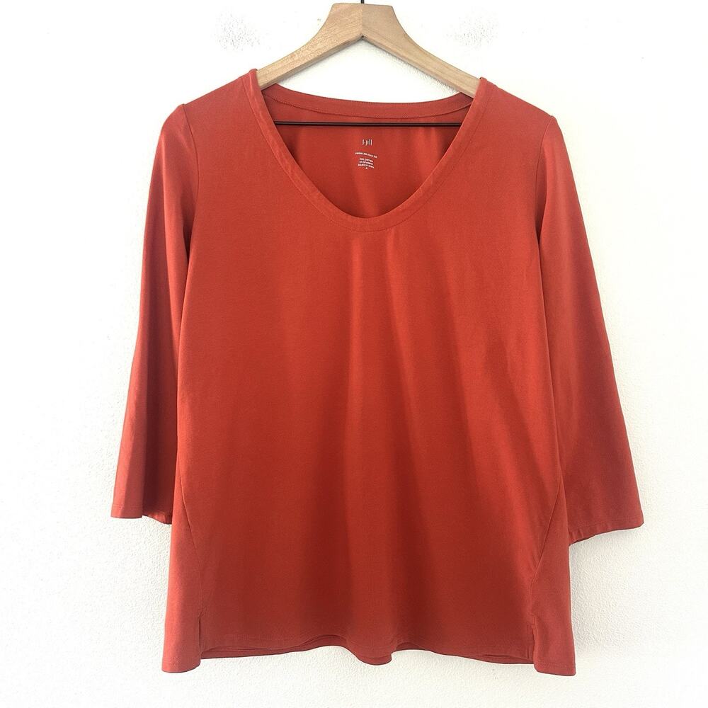 J.Jill Forward Seam Tee Cotton Sz M Orange Rust V-Neck 3/4 Sleeve Basic Summer